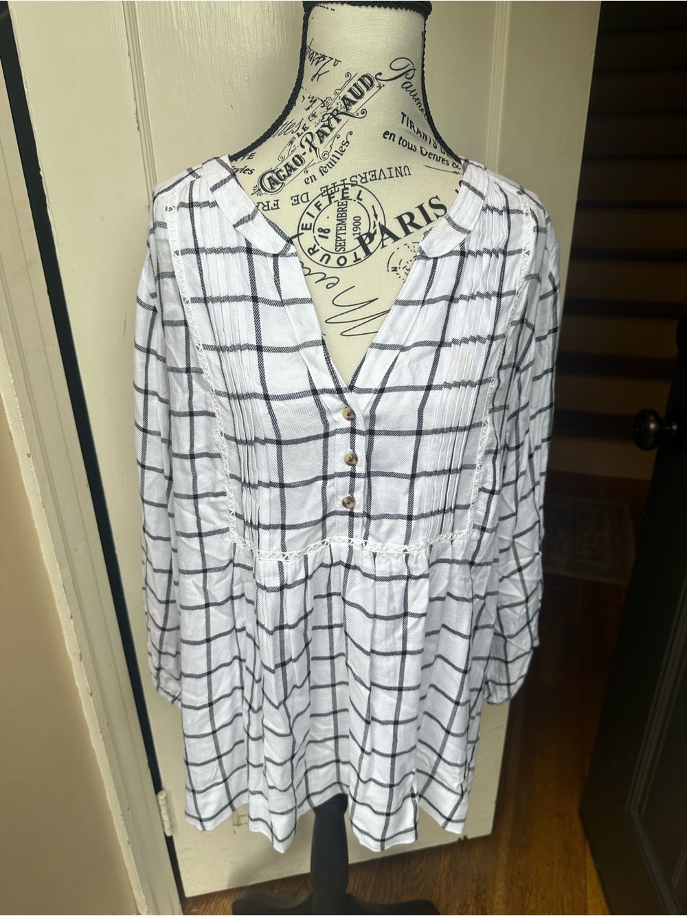 Wrangler Women’s L/G White Black Plaid Babydoll Tunic Blouse Long Sleeve